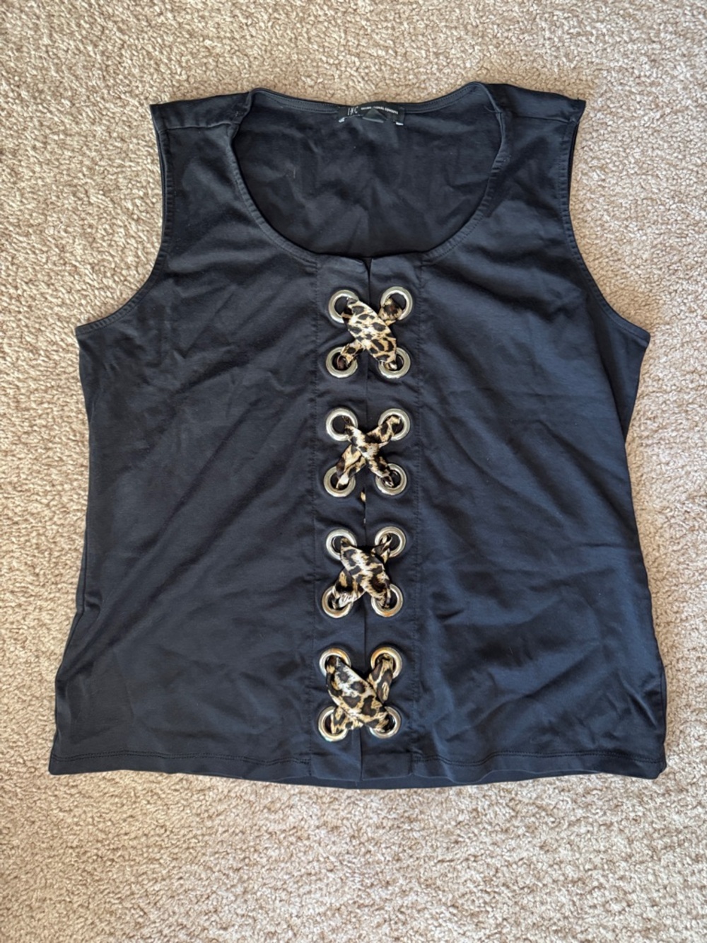 INC International Concepts Black Tank with Leopard-Print Ribbon & Gold Eyelets